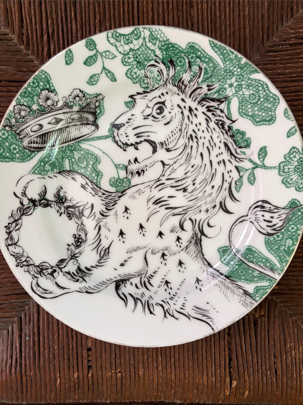 Anthropologie Green and Black Lion Motif Dinner Plate